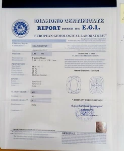 EGL Certificate 1.01ct Carat F SI1 Cushion Cut Diamond - Picture 1 of 2