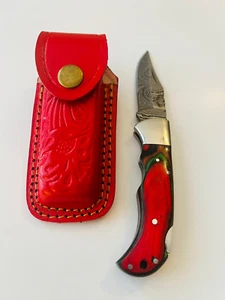 Olde Towne - Classic Lockback Damascus Blade Folding Knife Wood Handle leather - Picture 1 of 5