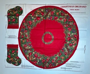 Cranston Christmas Orchard Red Tree Skirt & Stocking Fabric Panel Joan Messmore - Picture 1 of 7