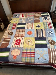 POTTERY BARN Kids Full Queen Patchwork Sports Quilt Baseball, basketball - Picture 1 of 4