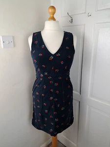 MONSOON Blue Red Cherry Print Velvet V Neck Dress Size 14 - Picture 1 of 7
