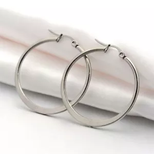 Surgical Stainless Steel Bladed Round 36x34mm Silver Hoop Earrings - Picture 1 of 1