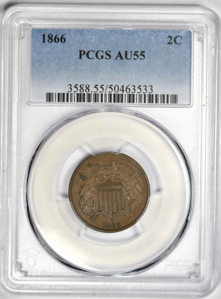 1866 2C TWO CENT ~ PCGS AU55 ~ NICE SURFACES! - Image 1 of 4