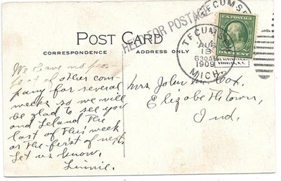 1909 - Tecumseh, Michigan - Postcard - Held For Postage - Quaker Hill - Image 1 of 2