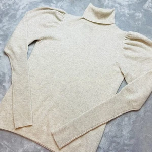 Aqua 100% Cashmere Sweater Womens S Beige Turtleneck Puff Sleeve Neutral Luxury - Picture 1 of 7
