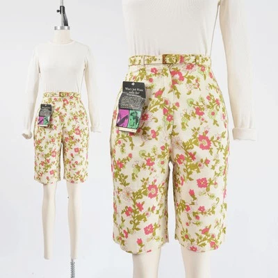 Vintage 60s Cream Floral Print Knee Length Bermuda Shorts with Belt Deadstock XS - Image 1 of 4