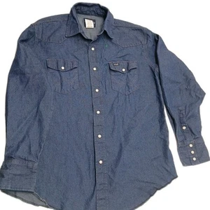 Vintage blue Denim Wrangler Button Up White pearl Snaps Bangladesh Large - Picture 1 of 13