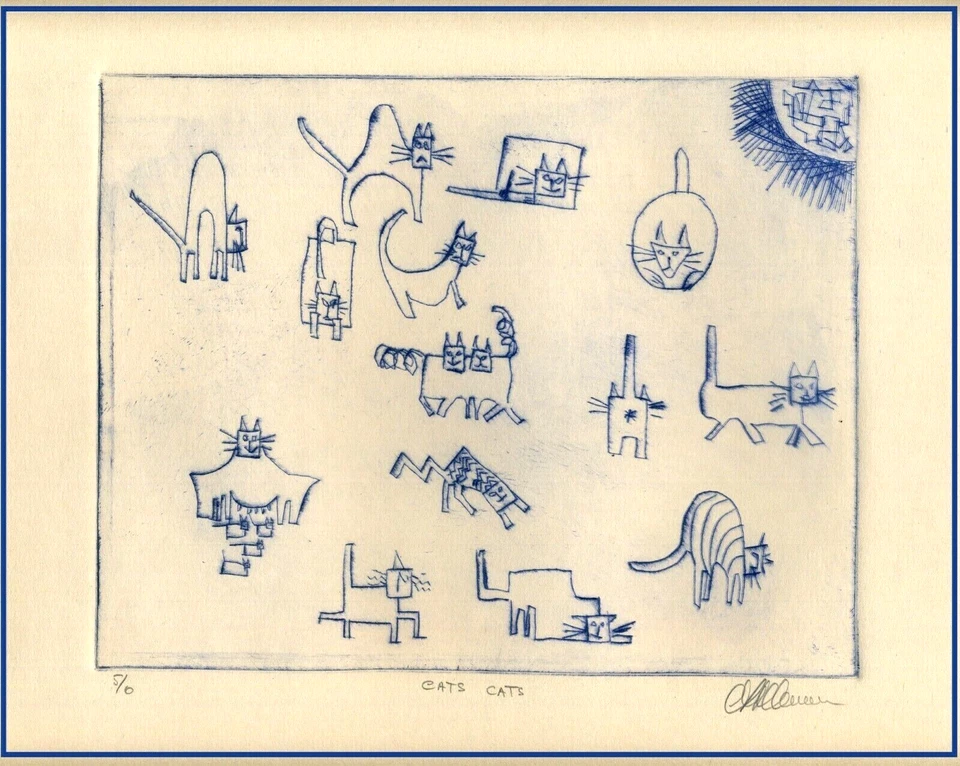 ¡CUENTA ESTOS GATOS! Grabado expresionista cubista original firmado. Artista listado Foto 1 de 1