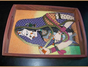 Bandeja de servir decorativa de latón de madera para pintura de piedras preciosas de diseño de la India - Imagen 1 de 5