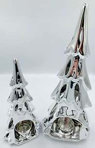 2 Yankee Candle Silver Christmas Tree Candle Holder Approx 6" & 9" Tall - Picture 1 of 8
