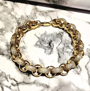Gold Belcher Bracelet 12mm Simulated Diamonds 9" Adjustable 18k Gold Layered - Picture 1 of 6