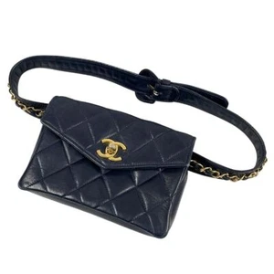 CHANEL Vintage Matelasse Waist bag leather Navy SM Genuine / 40149 - Picture 1 of 10