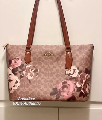 NWT Coach CZ180 Gallery Tote Bag In Signature Canvas With Rose Print Tan Brown - Image 1 of 4