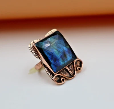 Anel de labradorita azul corte rosa cobre feito à mão boho joia vintage presente EUA 8,75 - Imagem 1 de 4
