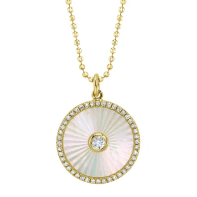 Diamond Mother Pearl Fluted Circle Necklace 14K Yellow Gold Faceted Ball Chain - Image 1 of 3