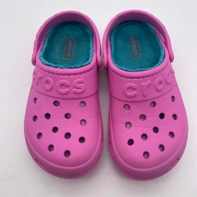 Crocs Kids Size J2 Classic Lined PINK Clogs TEAL FUZZ Slipper Shoe Mule T28 - Image 1 of 4