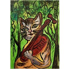 ACEO ORIGINAL PAINTING Mini Art Card Fantasy Animal Pet Cat Music Violin Ooak