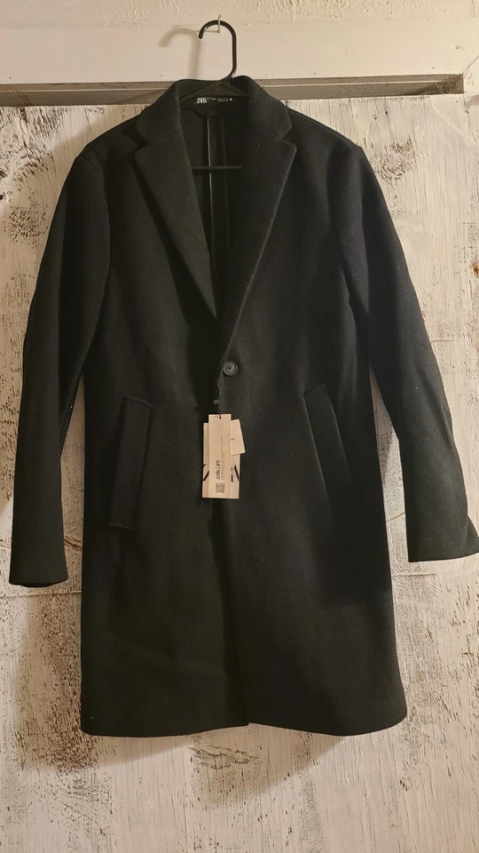 ABRIGO ZARA HOMBRE MEZCLA LANA NUEVO CON ETIQUETAS Orig. $129 Talla M Negro 22" Ptp 5070 470 Foto 1 de 4