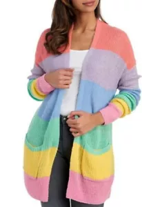 Women/Junior Cardigan Rainbow Pastel Stripe Knit LS Sweater with pockets M, L - Picture 1 of 9