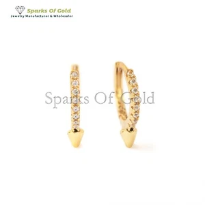 Pave Diamond Tiny Spike Huggie Earrings Minimalist Jewelry 14K Solid Yellow Gold - Picture 1 of 5
