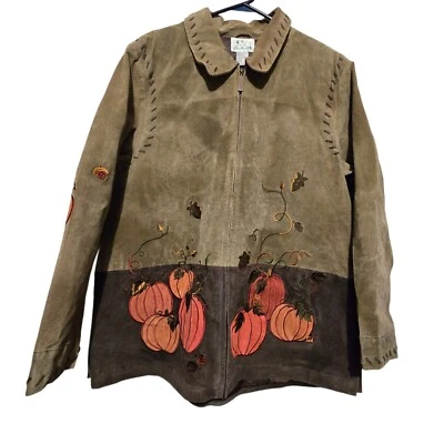 Chaqueta de gamuza Quacker Factory para mujer XLG calabazas hoja bellota colorblock cuero Foto 1 de 4