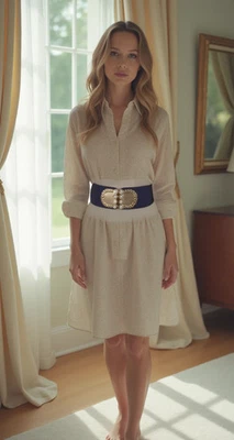 Women Dark Blue Navy Color Waistband Elastic Belt Bling Gold Metal Buckle S M - Image 1 of 4