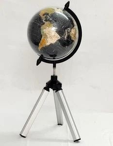 8" Black Vintage Style World Globe on 12" Tripod Stand Handmade Educational Deco - Picture 1 of 4