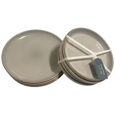 NEW! 8pc Dinner & Salad Plates Set Gray Glossy Stoneware Brown Rimmed - Image 1 of 4