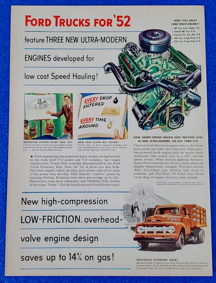 1952 FORD F-5 ORIGINAL CLASSIC PRINT AD W/ 3 NEW MODERN ENGINES TO CHOOSE FROM - Image 1 of 1