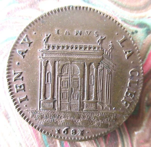 FRANCE- 1681 - JANUS TEMPLE  -LOUIS XIV  - COPPER  VERY RARE - Picture 1 of 2