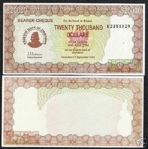 ZIMBABWE 20000 20,000 DOLLARS P-23 2003 ACTING GOVERNOR UNC CHECK CURRENCY NOTE - Image 1 of 2