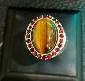 Natural Tiger's Eye & Garnet with 14K White Gold Plated Silver Men's Ring #1594 - Picture 1 of 9