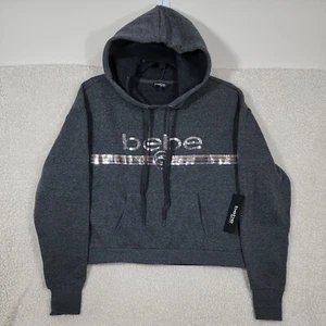 Bebe Sequin Logo Crop Hoodie Women's Charcoal Gray Size Large NWT - Picture 1 of 11