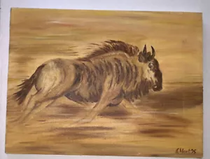 Original The Wildebeast Flees Estelle Hart 1995 OOC Oil Canvas Signed 20 X 16 - Picture 1 of 11