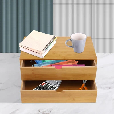 Small Bamboo Organizer for Desk, Tabletop Storage Organization Box with 2 Drawer - Image 1 of 4