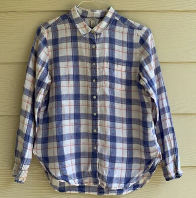 LL Bean Linen Shirt Womens S Blue Pink Plaid Button Front Long Sleeves Collar - Imagem 1 de 4
