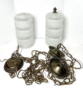 Lamps MCM White Frosted Double Hang Swag Brass Color Hardware One Finial Missing - Picture 1 of 11