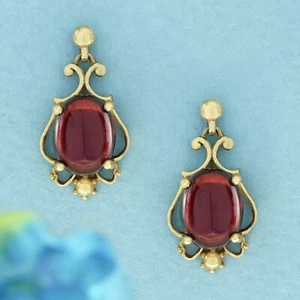 Pendientes colgantes florales estilo vintage granate cabujón natural oro 9K - Imagen 1 de 6