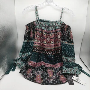 A. Byer Womens Shirt Blouse Cold Shoulder Blue Multicolor Paisley Size Small NWT - Picture 1 of 9