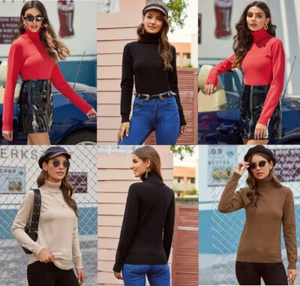 Women long Sleeve Top Ladies High Roll Polo Neck Knitted Ribbed Jumper Sweater - Picture 1 of 23