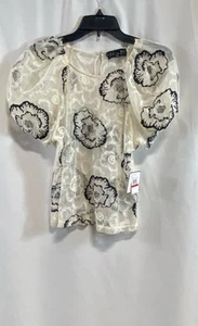 NWT Laundry Womens White Black Floral Embroidered Short Sleeve Blouse Top Sz XS - Picture 1 of 7