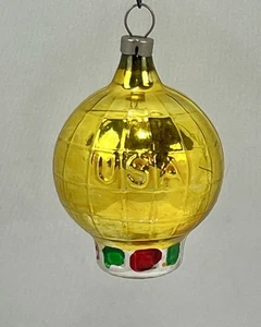 Vintage USA Patriotic Gold Hot Air Balloon Embossed Glass Christmas Ornament - Picture 1 of 7