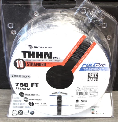 New Encore Wire Pull Pro THHN 10 AWG Stranded Wire, Black, 750 ft. Reel - Image 1 of 4