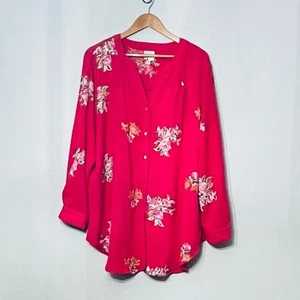 Fig and Flower Blouse Embroidered Top Roll Tab Sleeves Button Up Floral Boho 2X - Picture 1 of 9