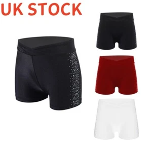 UK Girls Skating Gymnastics Shorts V-Front Elastic Sparkly Rhinestones Leggings - Picture 1 of 39