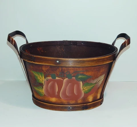 Miniature Wood Produce Basket w/ 2 Metal Handles & Painted Squash 6.5"Lx5"Wx4"T Cover