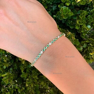 Zambian Emerald & Diamond Alternate Tennis  Bracelet, 14k Yellow Gold Minimalist - Picture 1 of 8