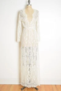 cream lace dress long maxi beach cover up plunging neckline hippie boho S M - Picture 1 of 9