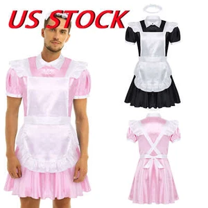 Adult Mens Frilly Satin French Maid Uniform Crossdressing Lingerie Outfit Set - Picture 1 of 40