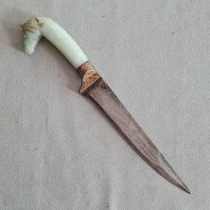 Vtg Mughal Islamic Indian Jade Goat Damascus Kard Knife 14" - Picture 1 of 7